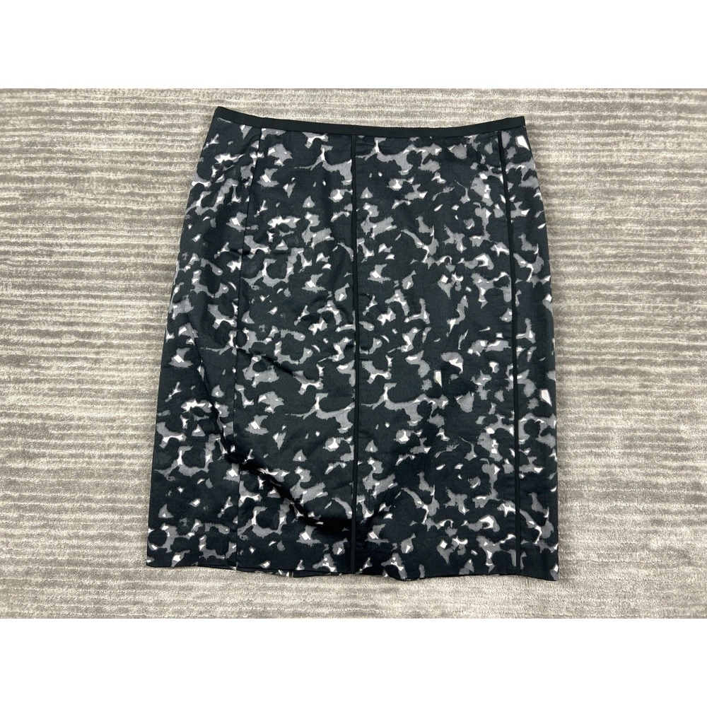 LOFT Pencil Skirt Womens 6 Black Grey Abstract Print Exposed Zipper Career Chic